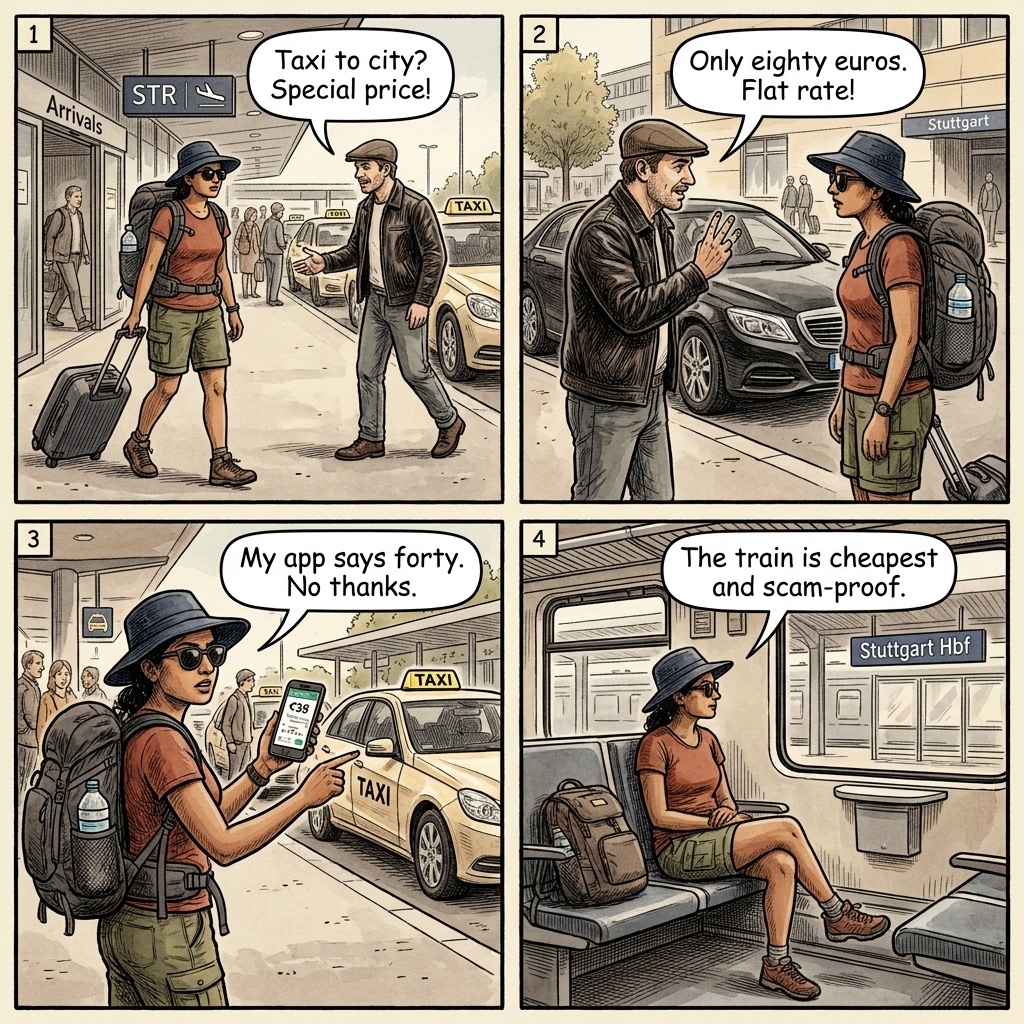 STR Airport Taxi Overcharge & Bolt/Uber Confusion — comic illustration