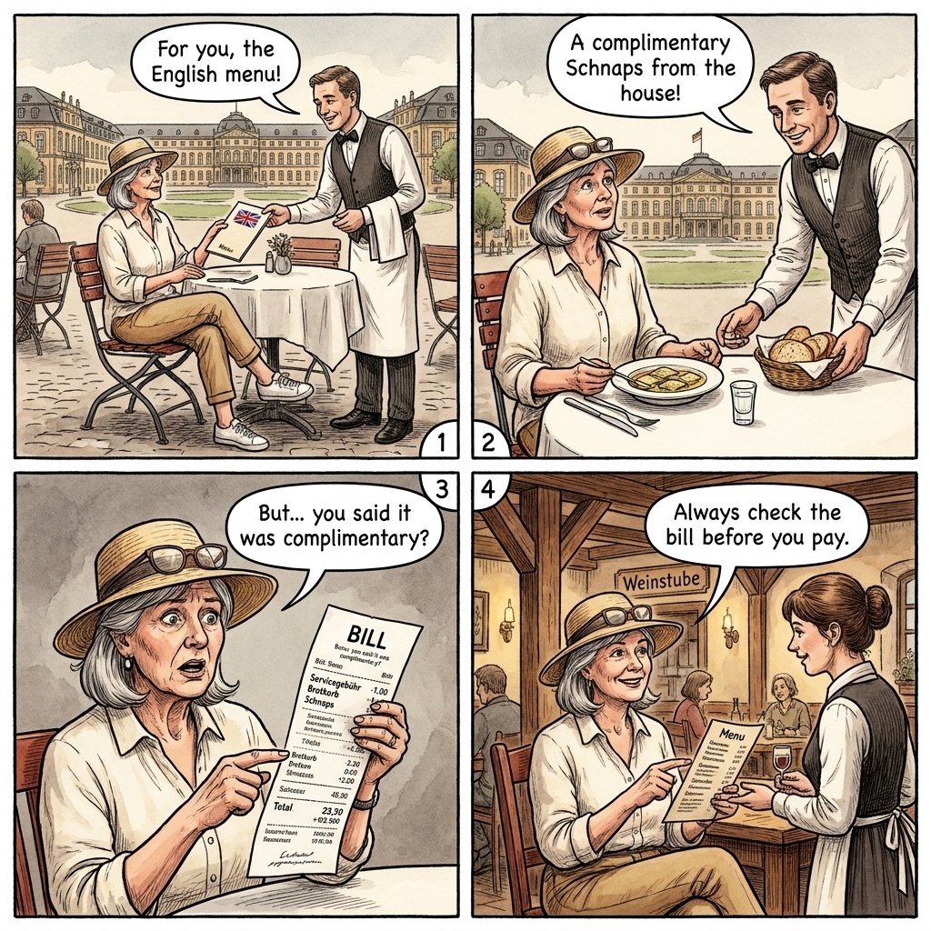 Stuttgart Restaurant Tourist-Menu Bill-Padding & Schwäbische Küche Ove — comic illustration