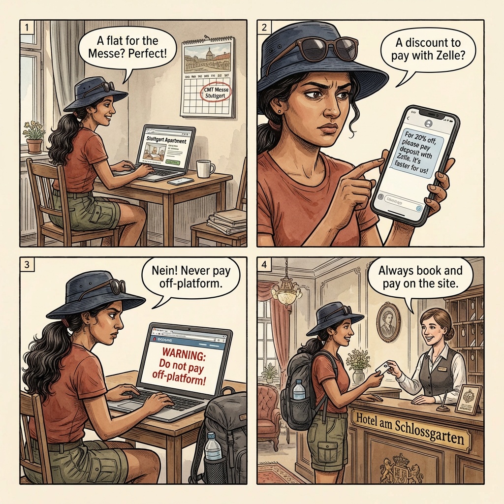 Stuttgart STR & Messe-Week Apartment Rental Fraud — comic illustration