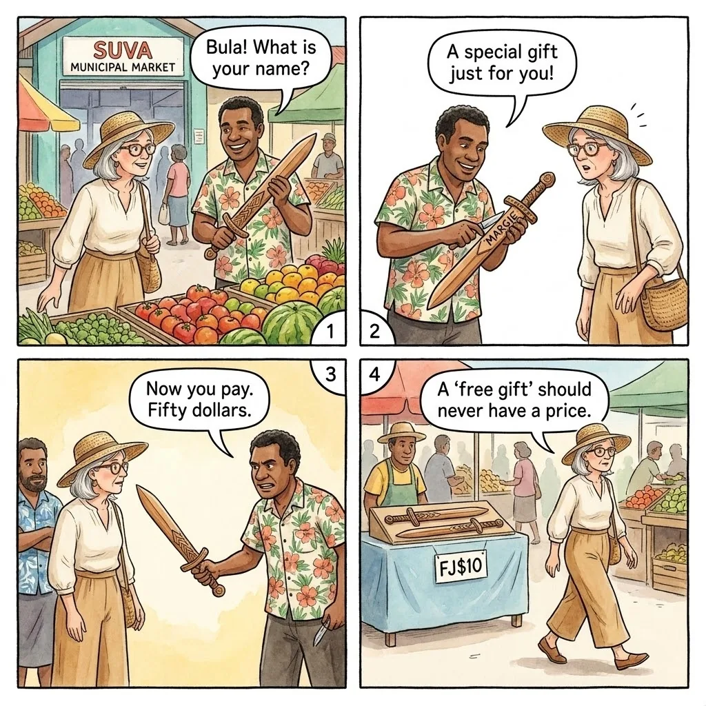 The Suva Sword-Carver Name-Hustle — comic illustration