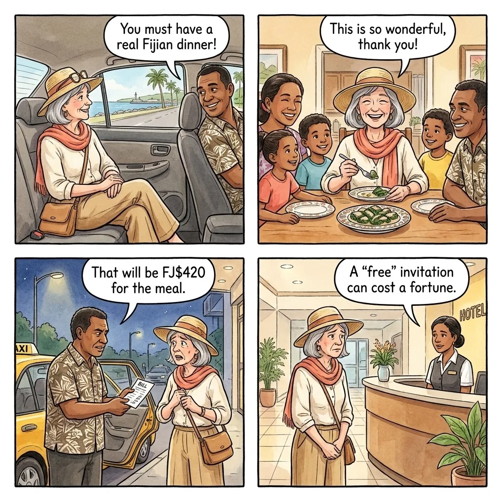 The Suva Taxi-Driver Family-Dinner Bill Trap — comic illustration