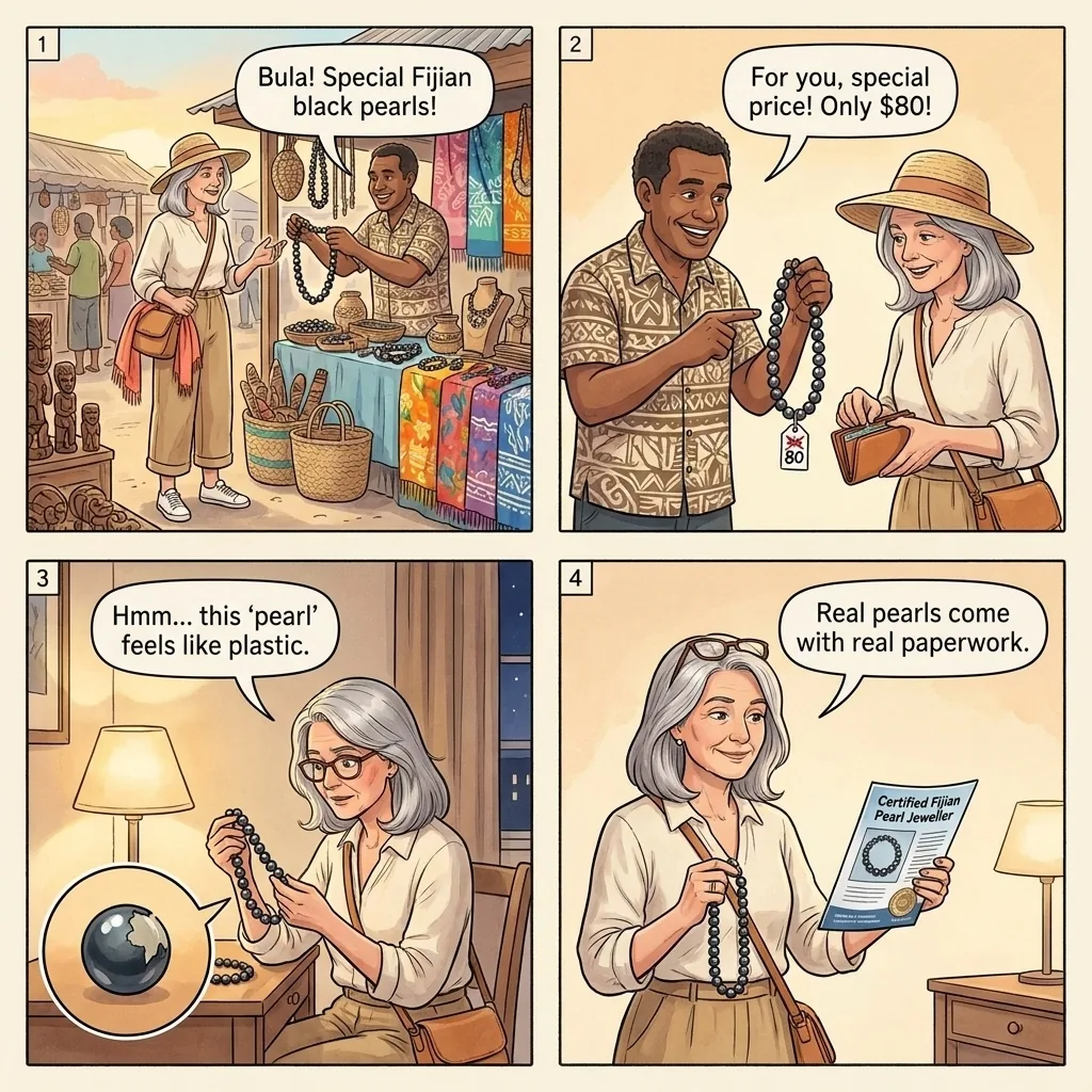 The Suva Market Fake-Pearl Vendor — comic illustration