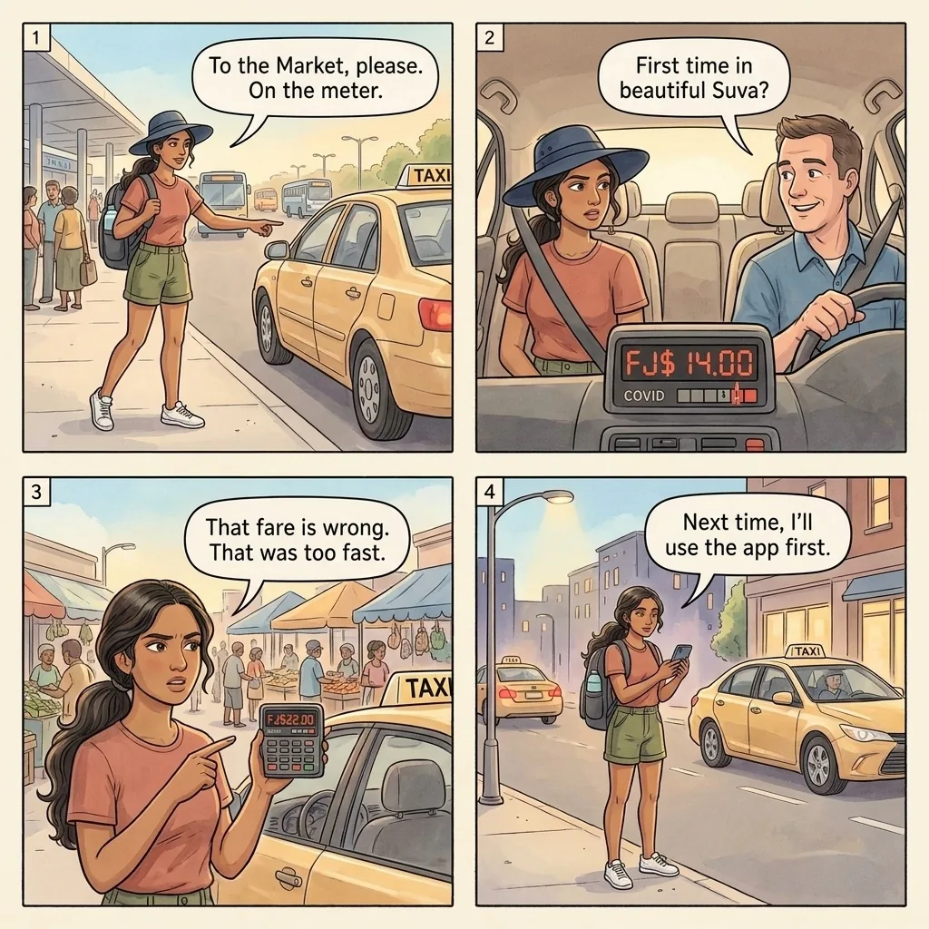 The Suva Rigged Taxi Meter — comic illustration