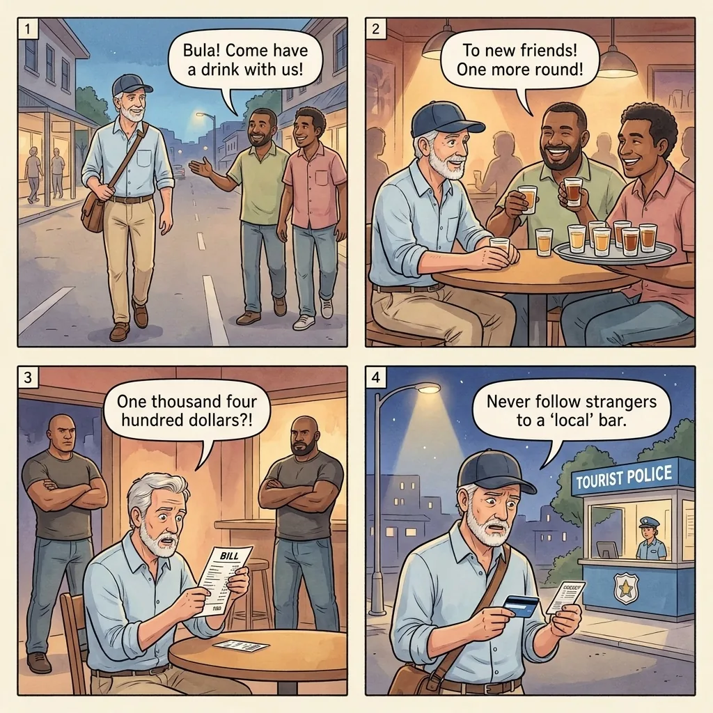 The Suva Friendly-Local Bar-Bill Ambush — comic illustration
