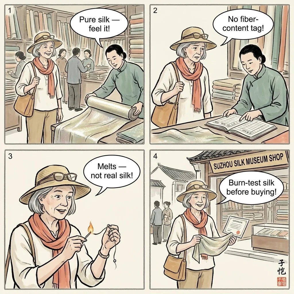 Silk Factory 'Tour' Hard-Sell Scam — comic illustration