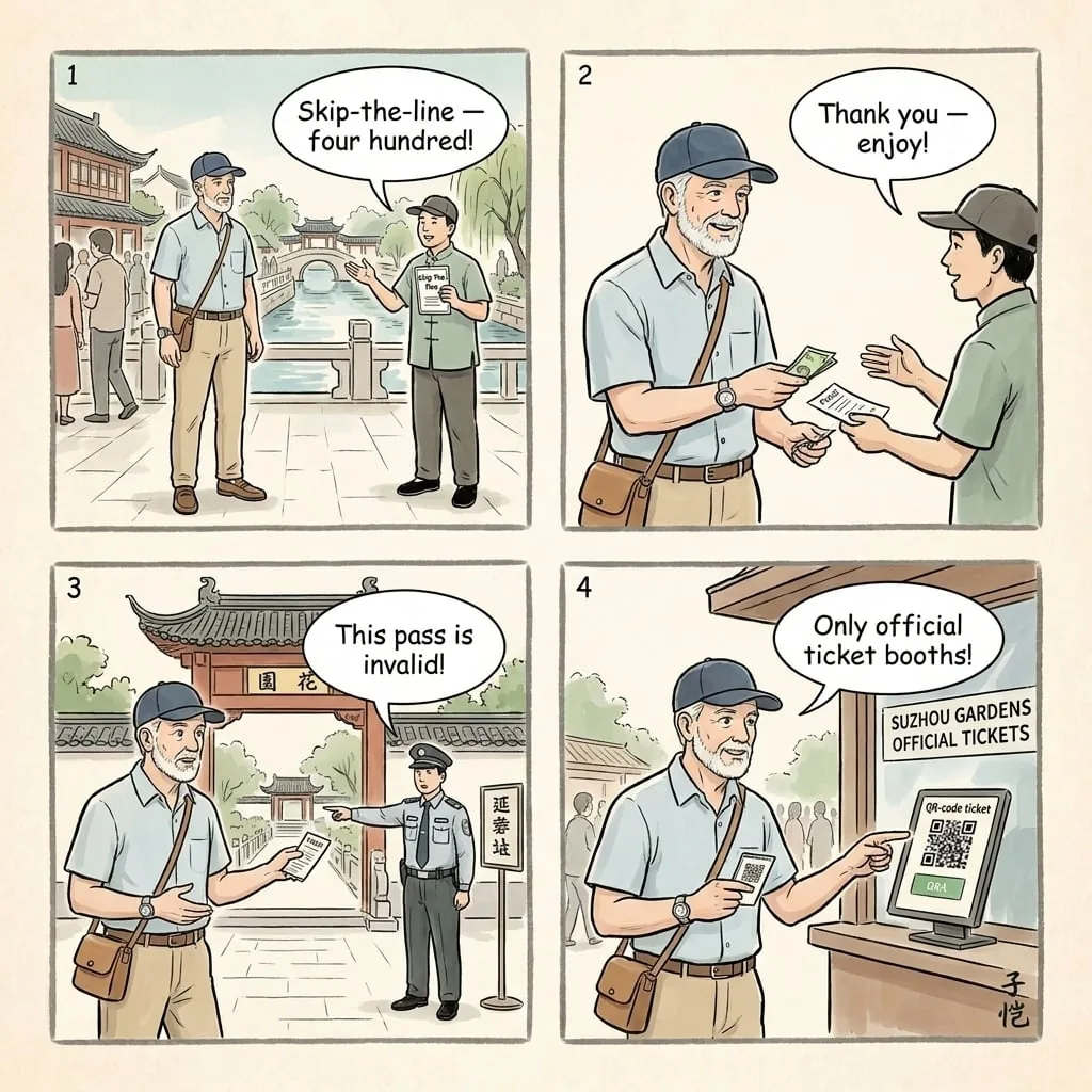 Classical Gardens Fake-Ticket & Skip-the-Line Overcharge — comic illustration