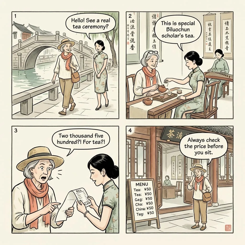 Suzhou Pingjiang Road Tea House Scam — comic illustration