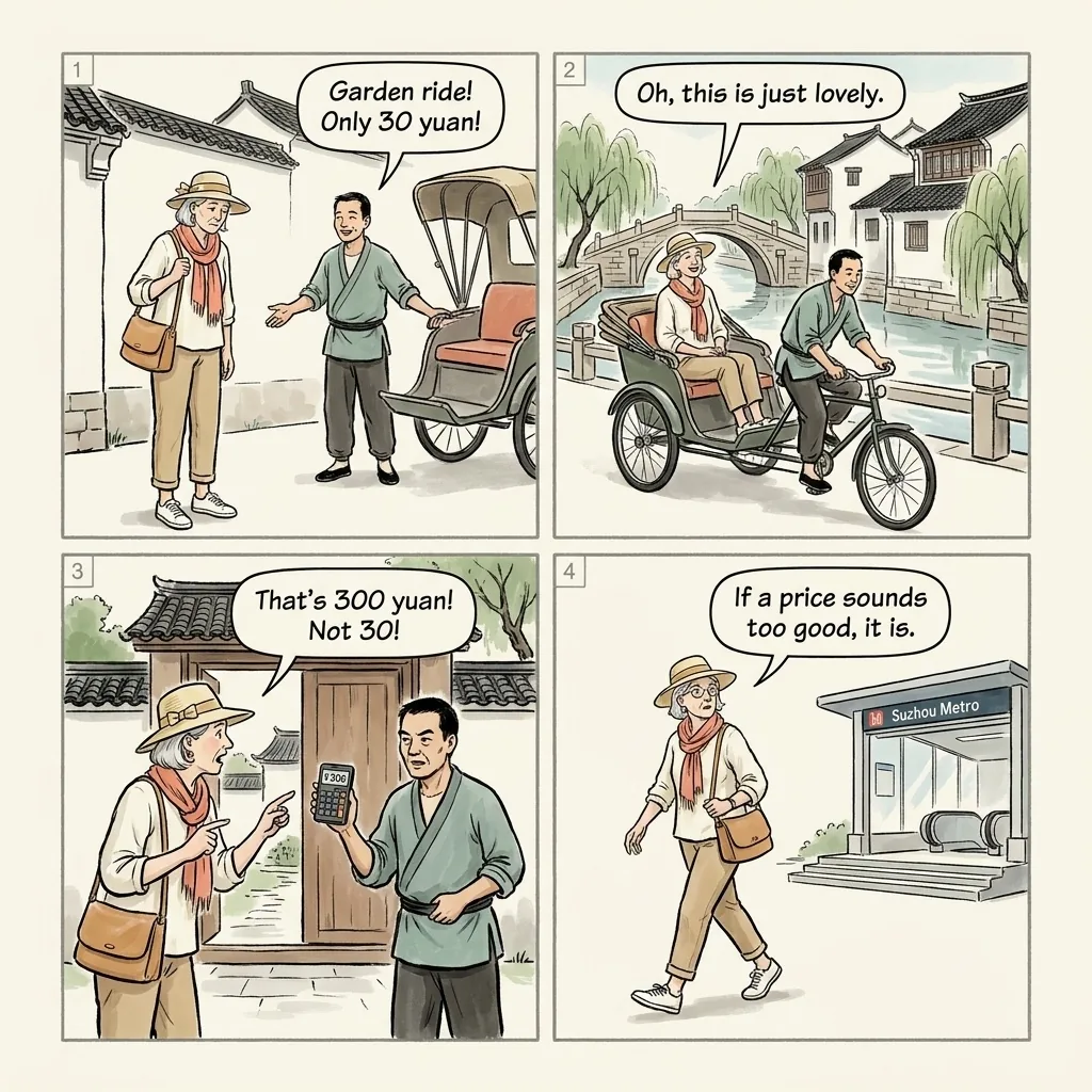 Suzhou Rickshaw & Tourist Pedicab Price Flip — comic illustration