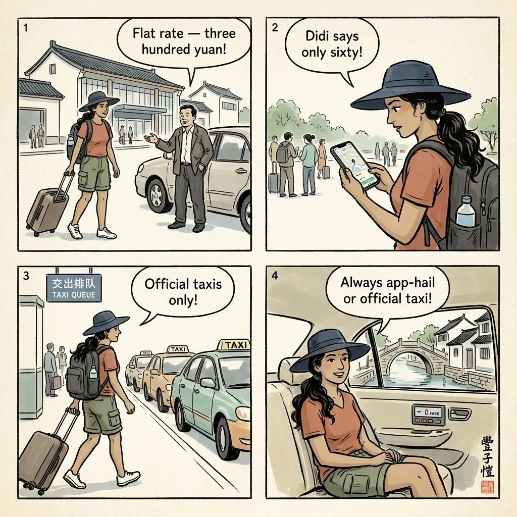Suzhou Airport / Train Station Taxi & Shanghai Day-Trip Scams — comic illustration
