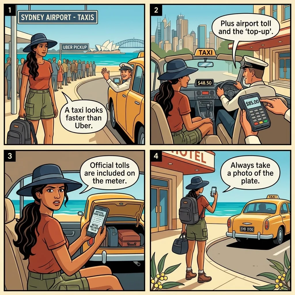Sydney Airport Taxi 'Top-Up' Overcharge Scam — comic illustration