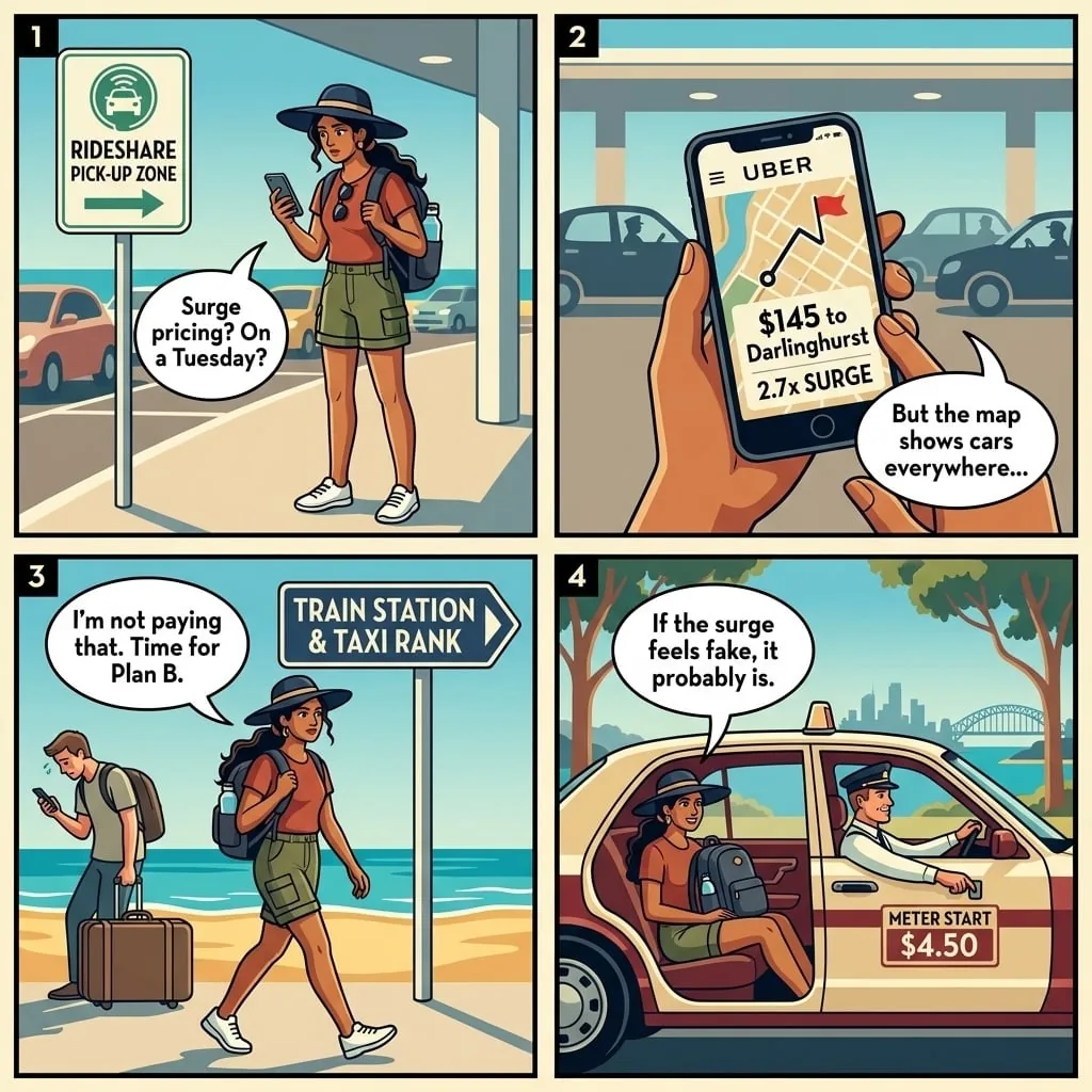 Sydney Airport Uber 'Fake Surge' Pricing — comic illustration