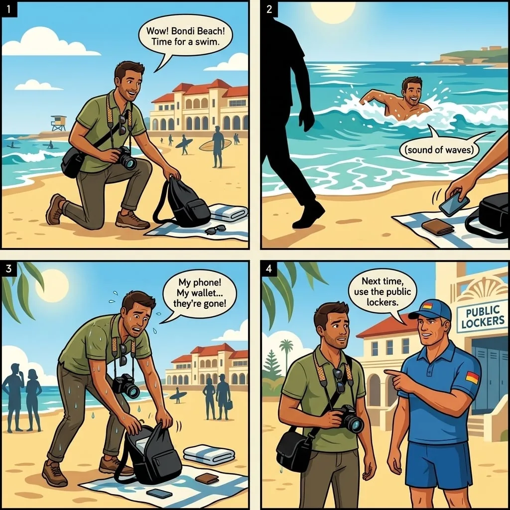 Bondi / Manly Beach Bag & Phone Theft — comic illustration