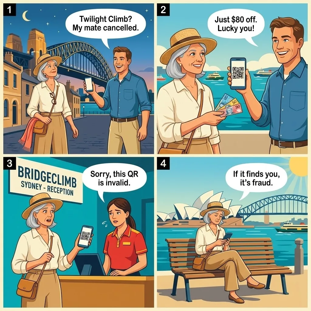 Counterfeit BridgeClimb, Vivid & Opera House Ticket Scam — comic illustration