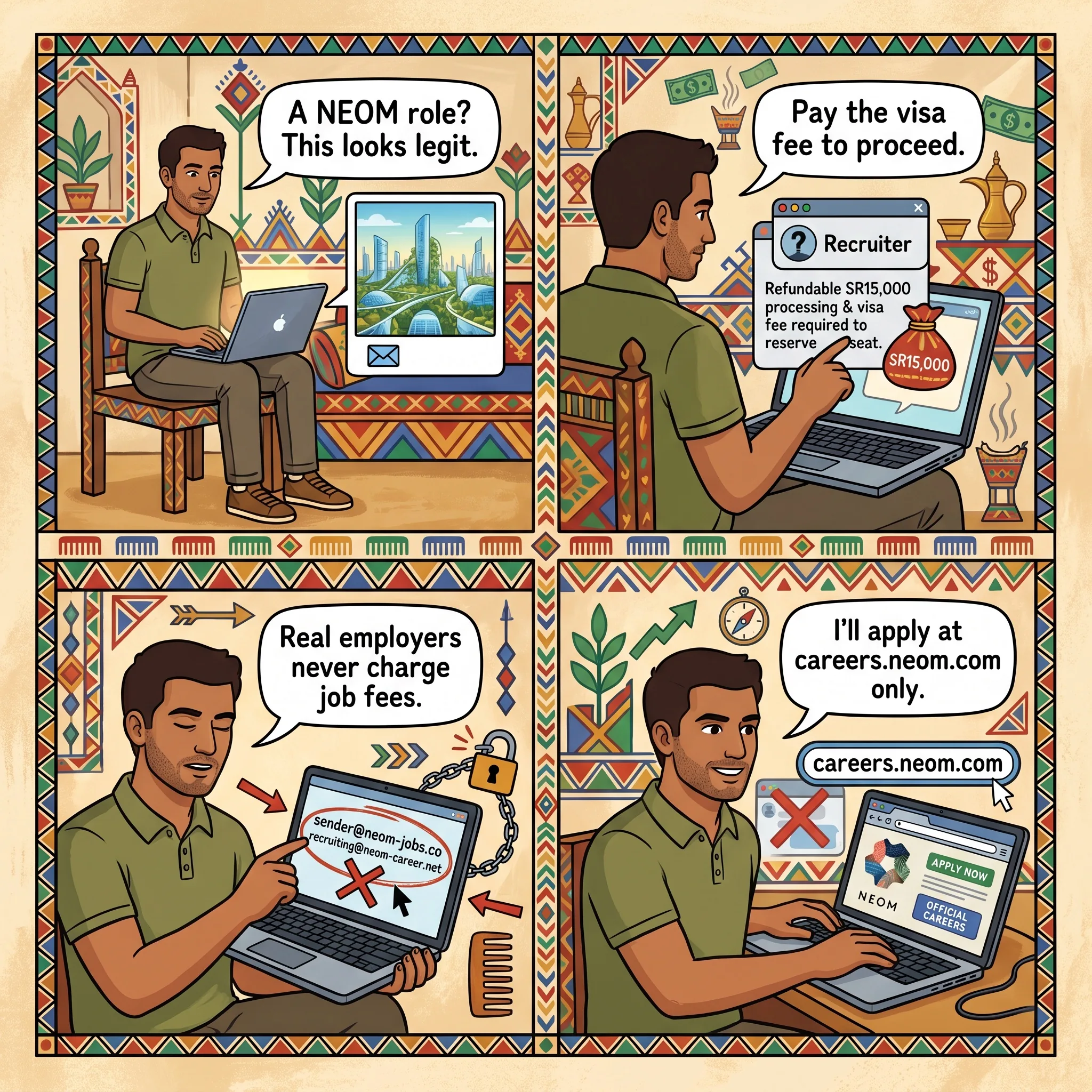 The Fake NEOM Job Offer & Recruitment-Fee Trap — comic illustration