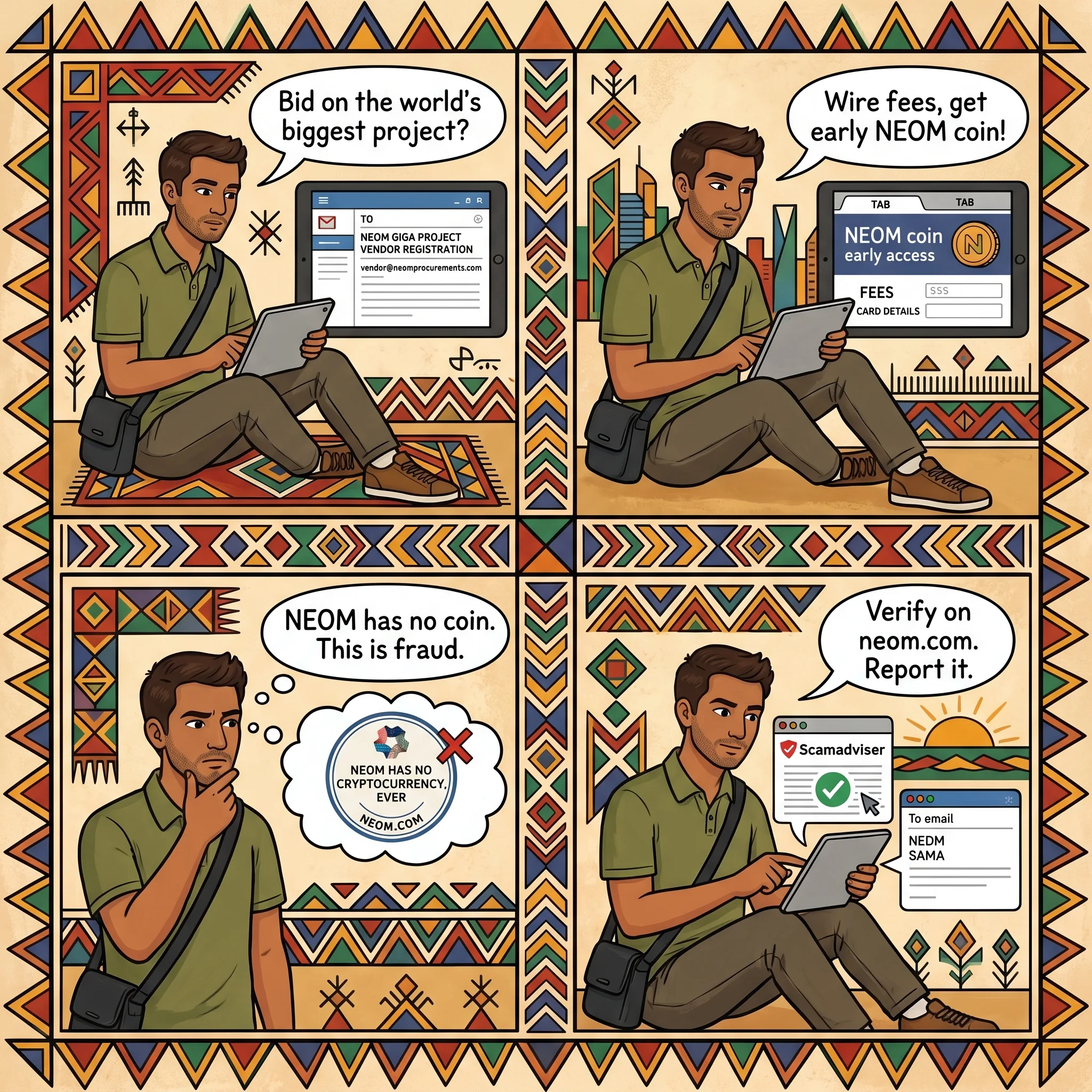 The NEOM Vendor-Tender & 'NEOM Crypto' Investment Fraud — comic illustration