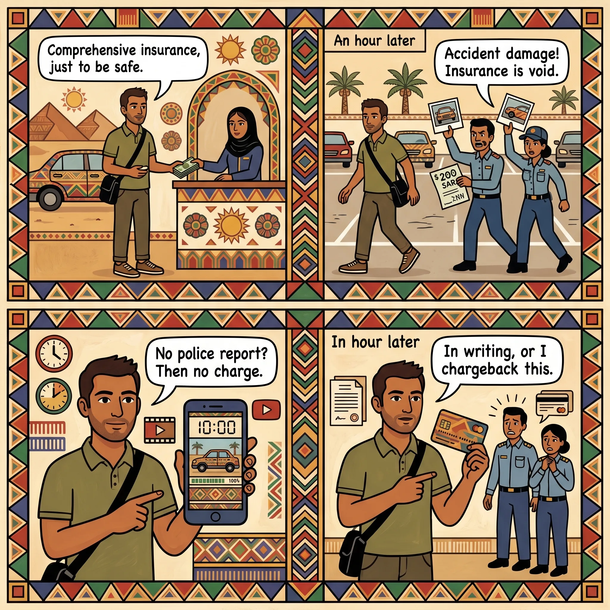 The Tabuk / AlUla Rental-Car Damage & Deposit Trap — comic illustration