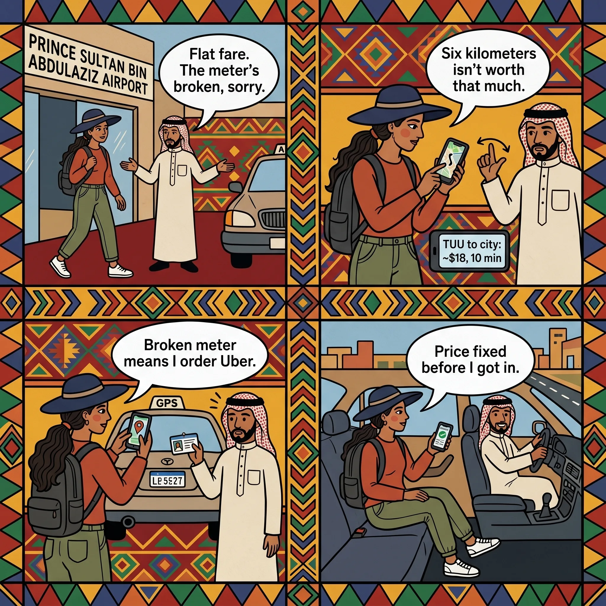 The Tabuk Airport & Street-Taxi Overcharge — comic illustration