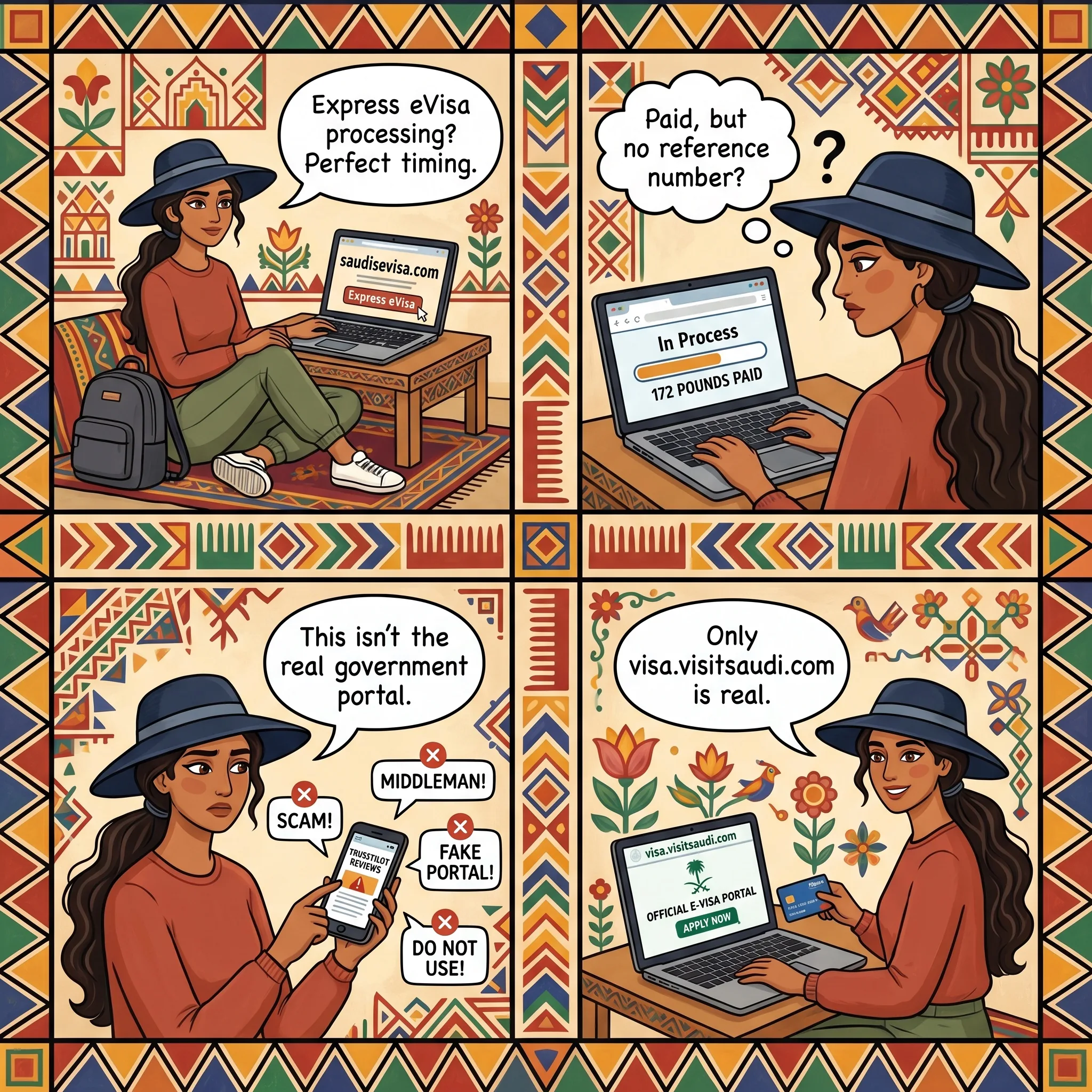 The Fake Saudi eVisa & Vacation-Rental Booking Site — comic illustration