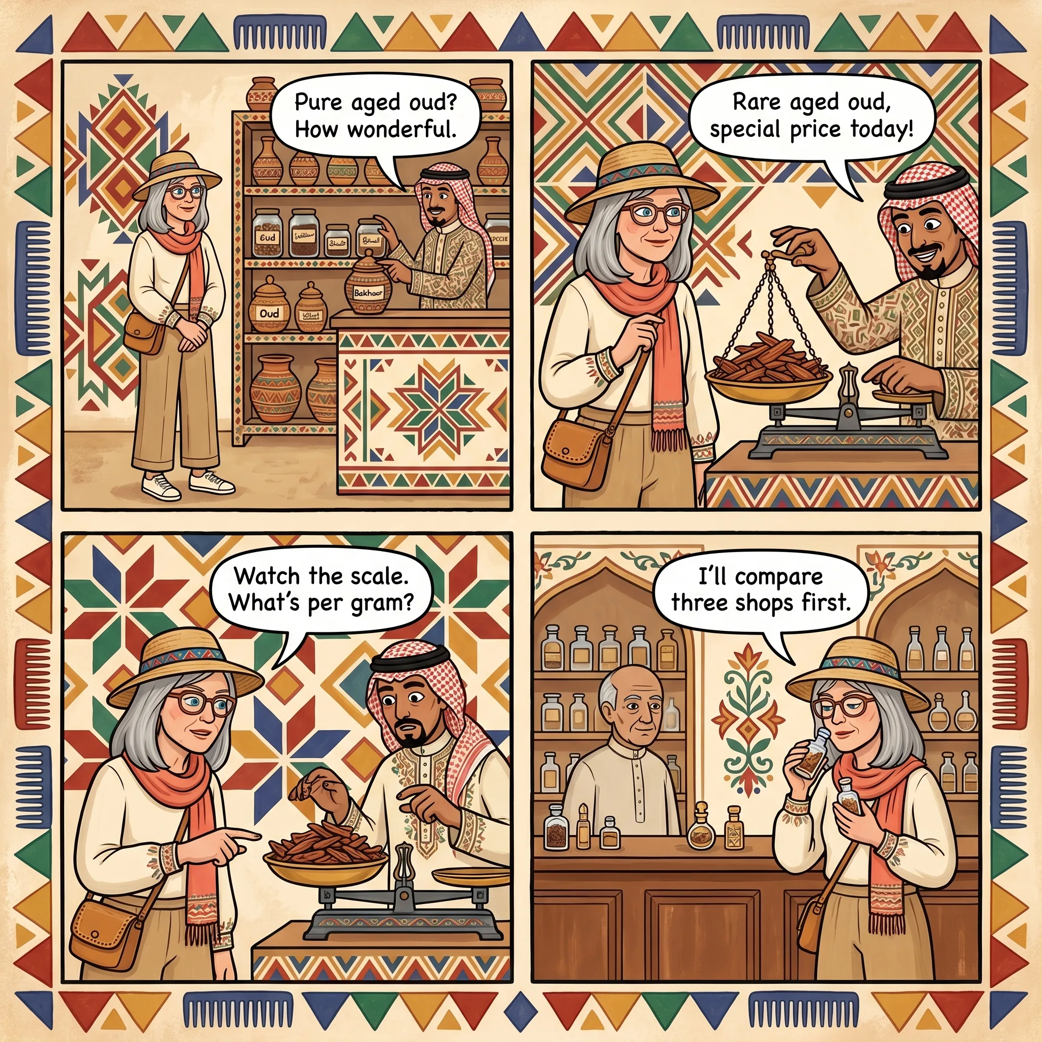 The Fake Oud & Inflated Souvenir Markup — comic illustration