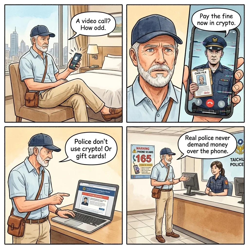 Taichung AI Video-Impersonation Fake-Police Fraud Ring — comic illustration