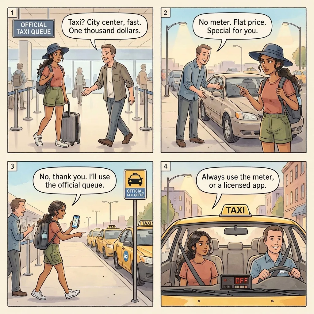 Taichung Airport & RMQ Illegal Taxi Solicitation — comic illustration
