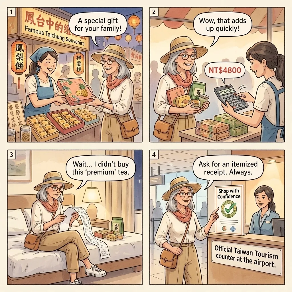 Fengjia & Yizhong Night Market Receipt-Padding Overcharge — comic illustration