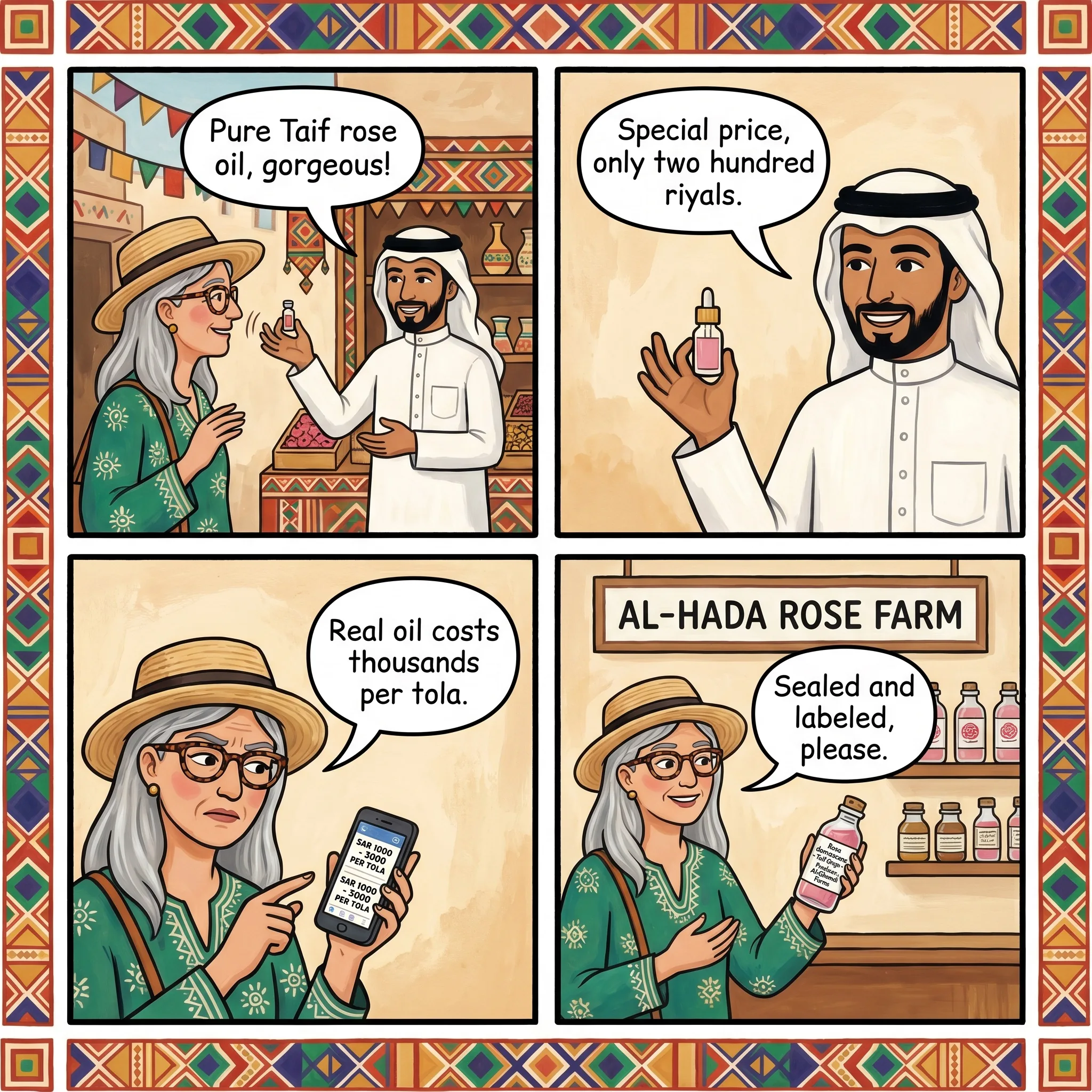 Diluted or Synthetic Pure Taif Rose Oil and Attar — comic illustration