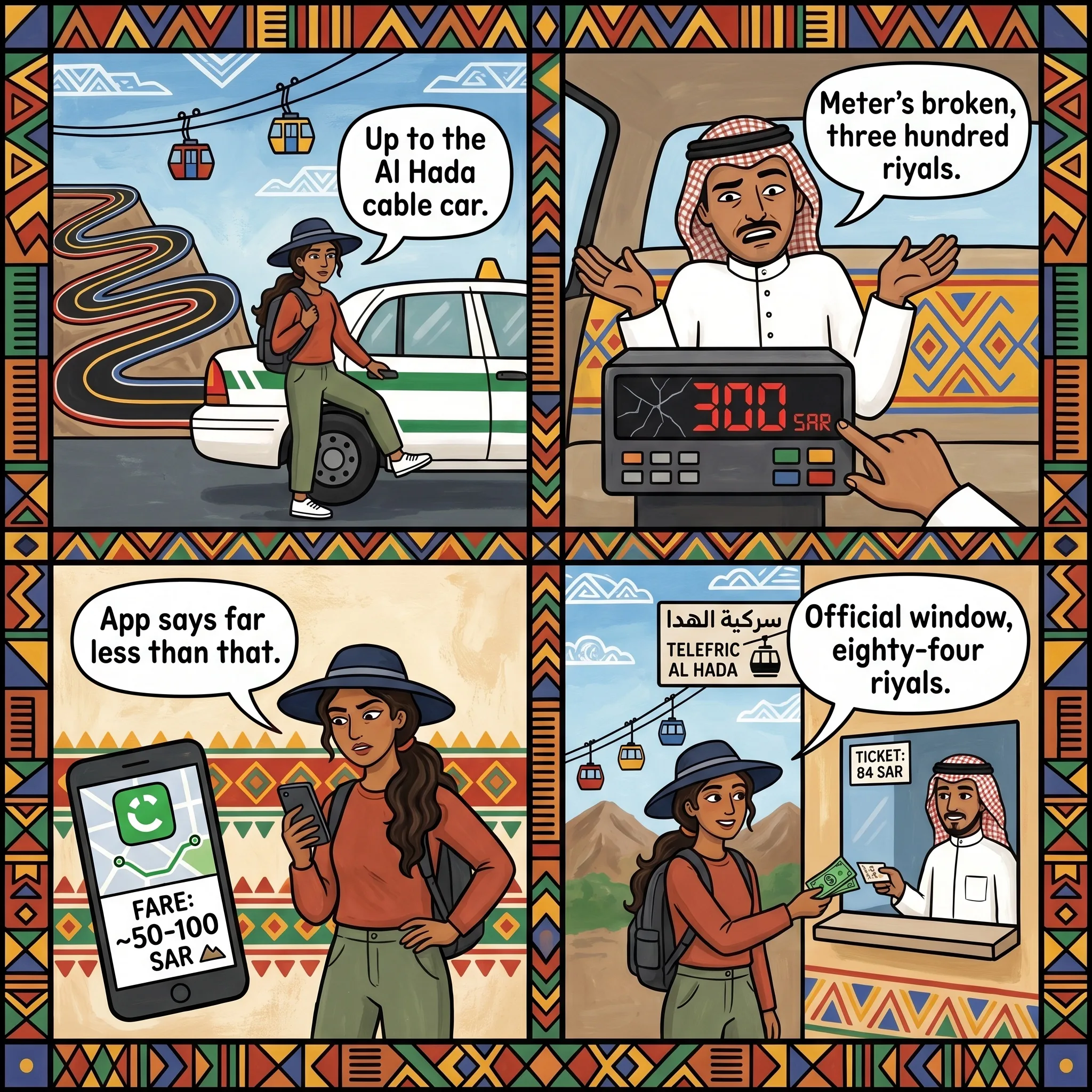 Al Hada Cable Car and Mountain-Taxi Surcharge — comic illustration