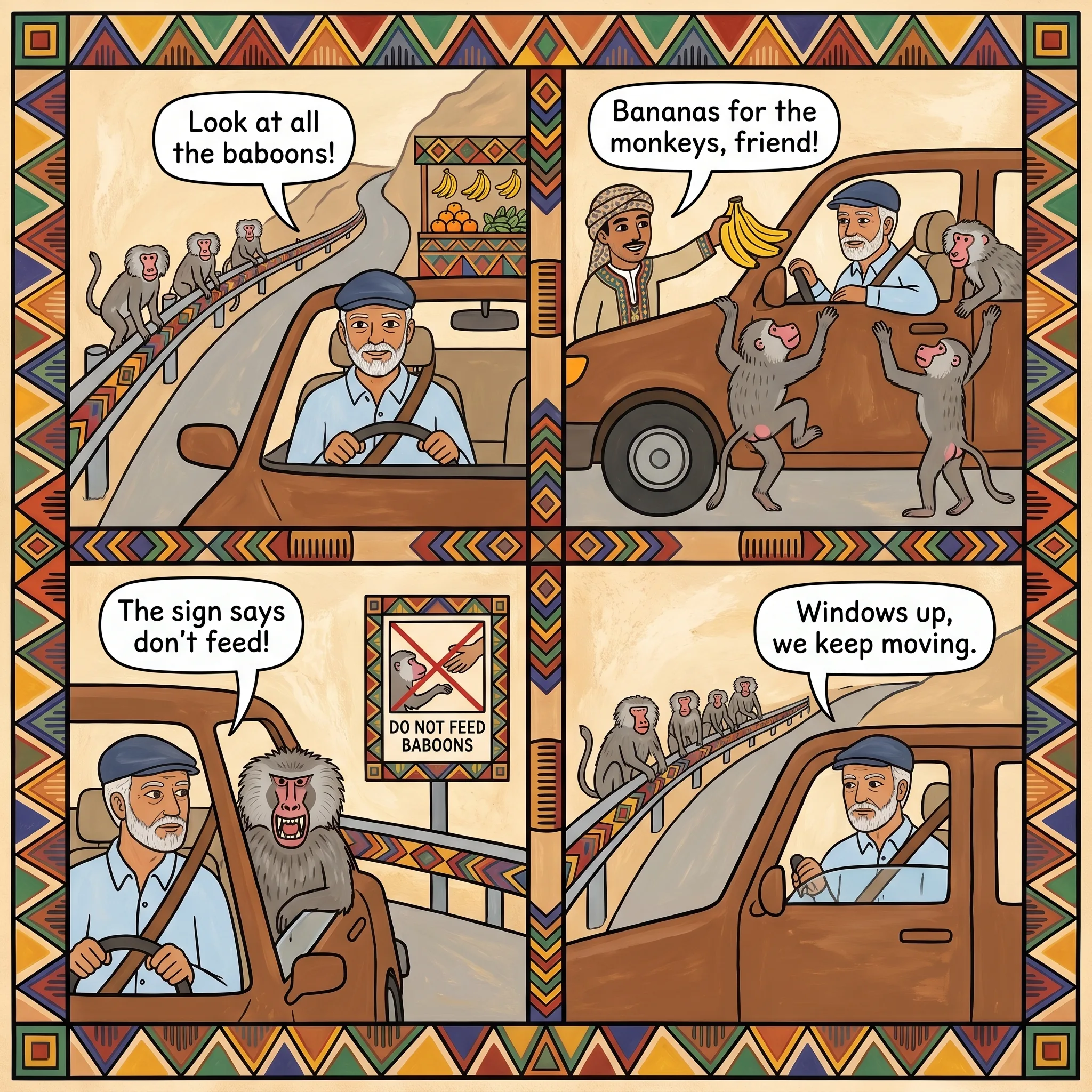 Baboon-Feeding Fruit Stalls on the Al Hada and Al Shafa Roads — comic illustration