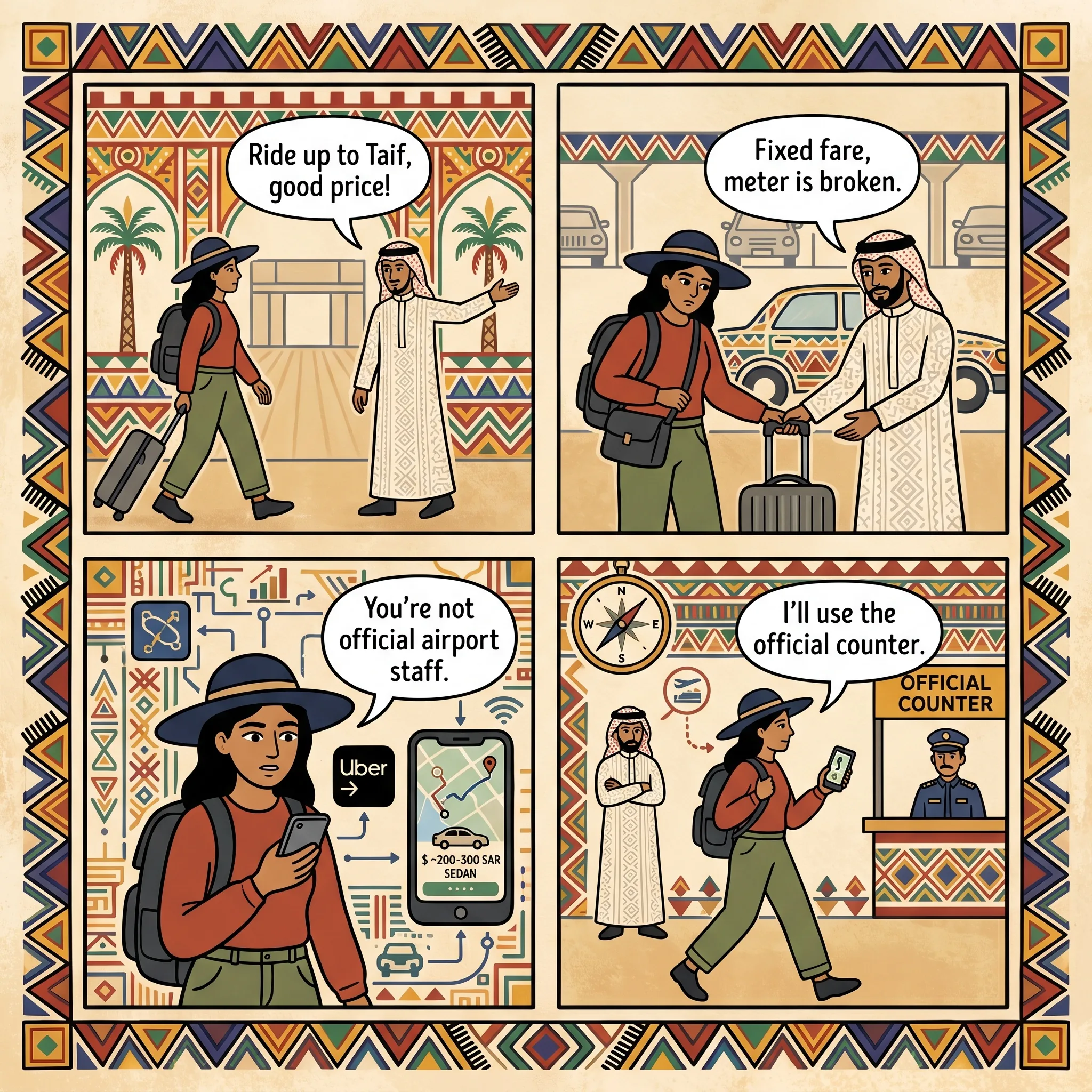 Airport and Street Taxi Overcharge from Jeddah and Within Taif — comic illustration