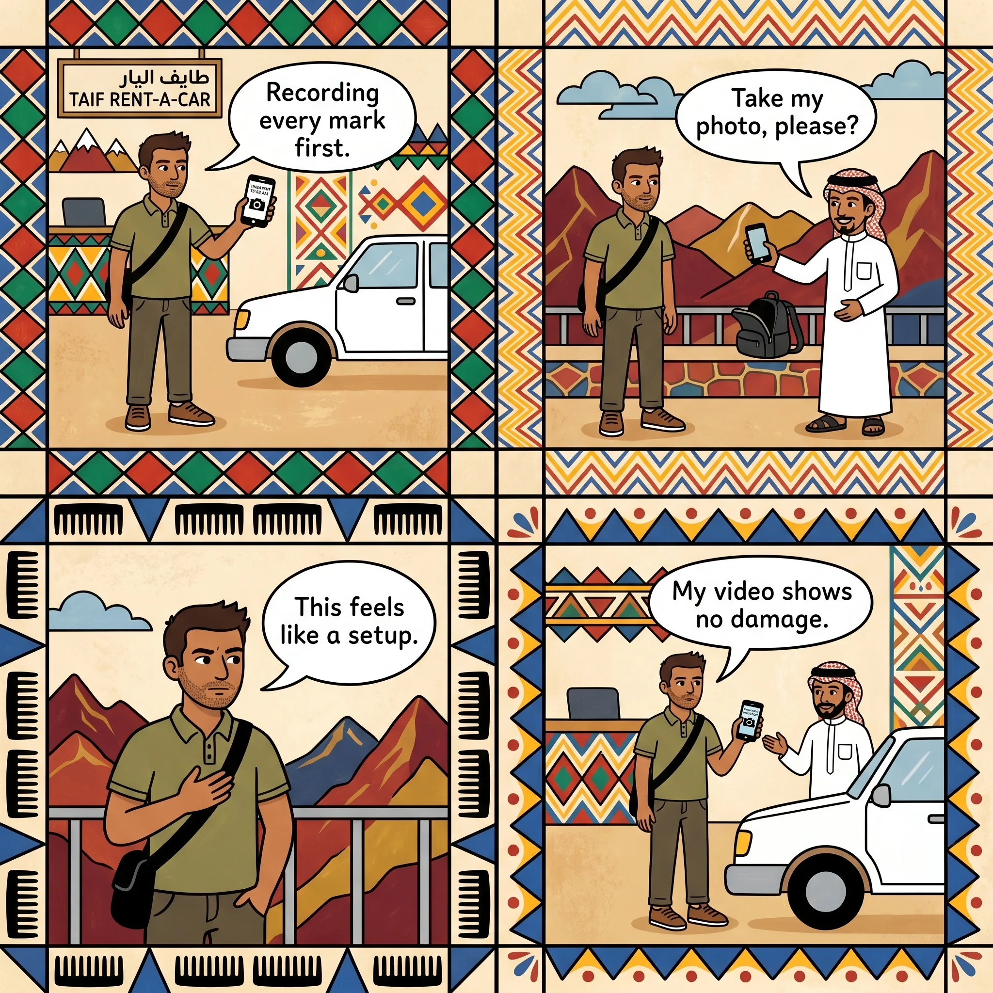 Rental-Car Damage Charges and the Camera-Drop Setup — comic illustration