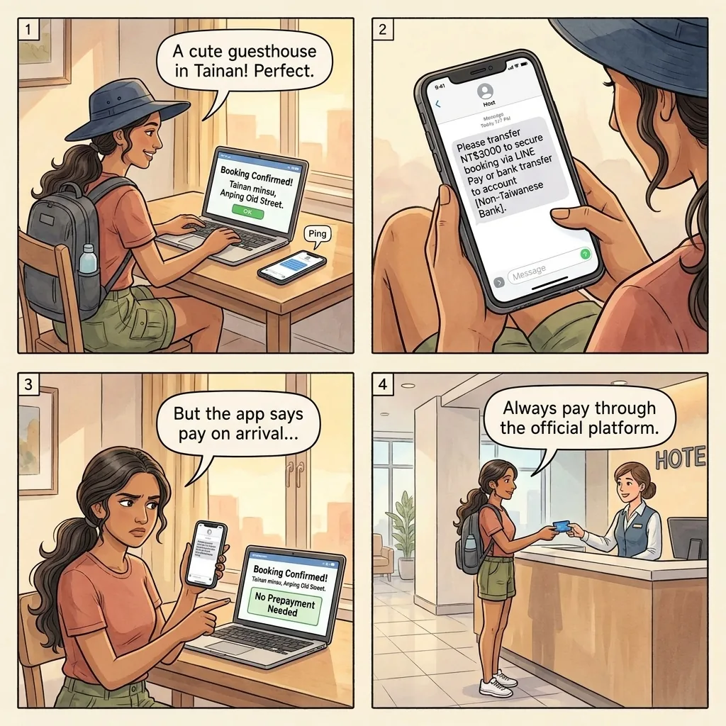 Tainan Airbnb & Minsu Off-Platform Deposit Fraud — comic illustration