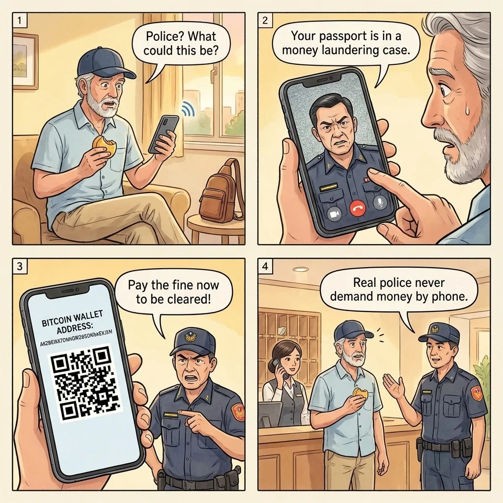 Tainan AI Fake-Police & Spoofed-Number Phone Scam — comic illustration