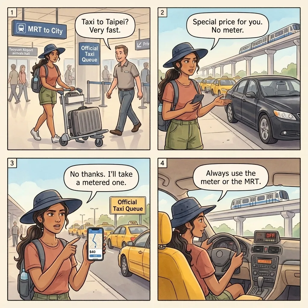 Taoyuan Airport & Jiufen Day-Trip Illegal Taxi Scam — comic illustration