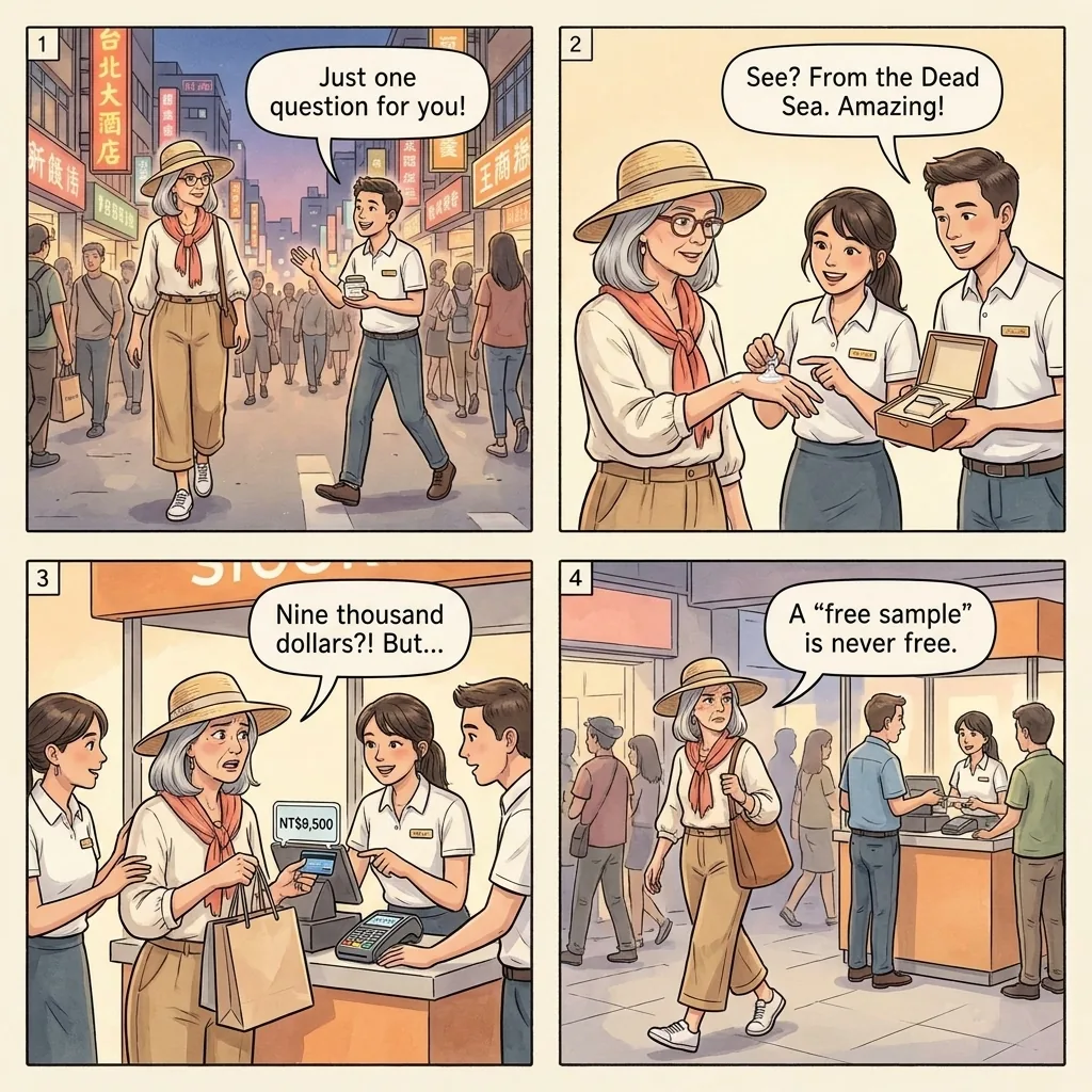 Ximending & Zhongxiao Dead Sea Skincare Kiosk Sales — comic illustration