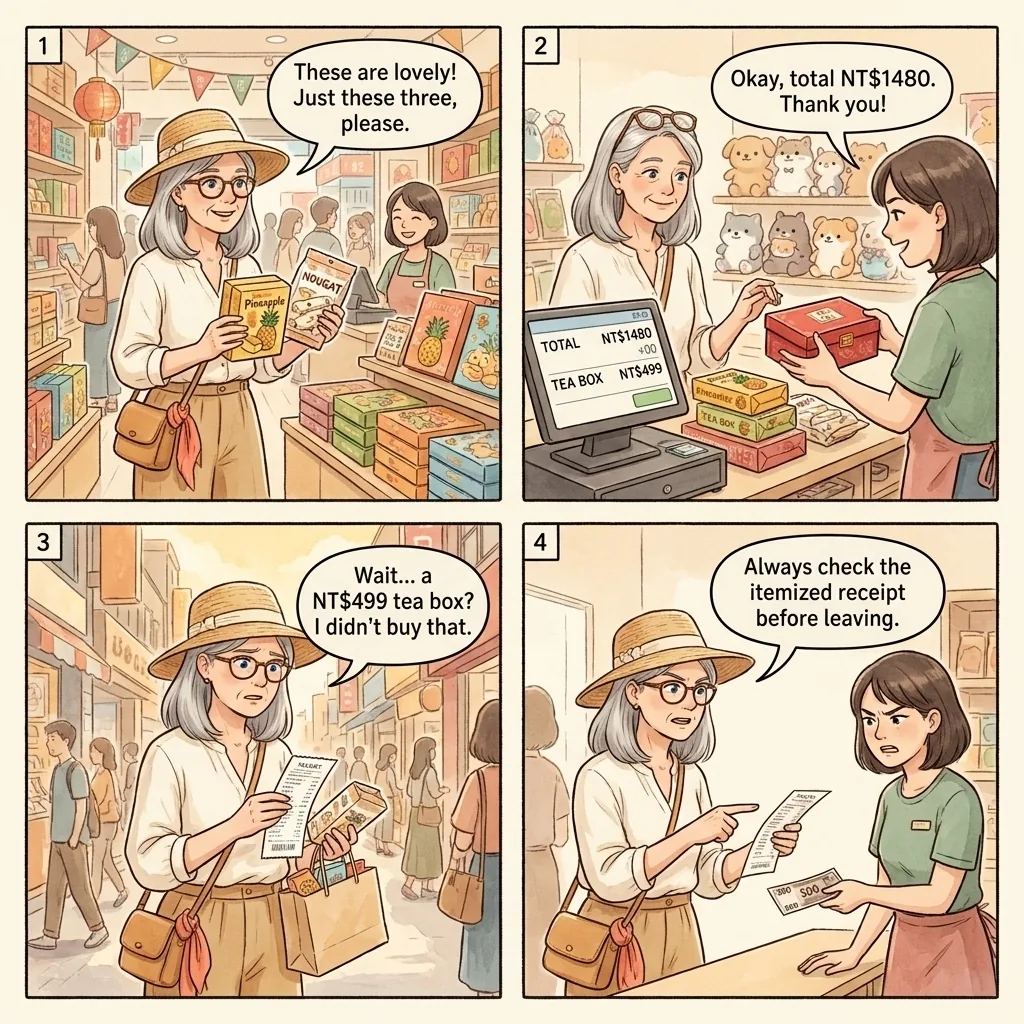 Ximending Souvenir Shop Receipt-Padding Overcharge — comic illustration