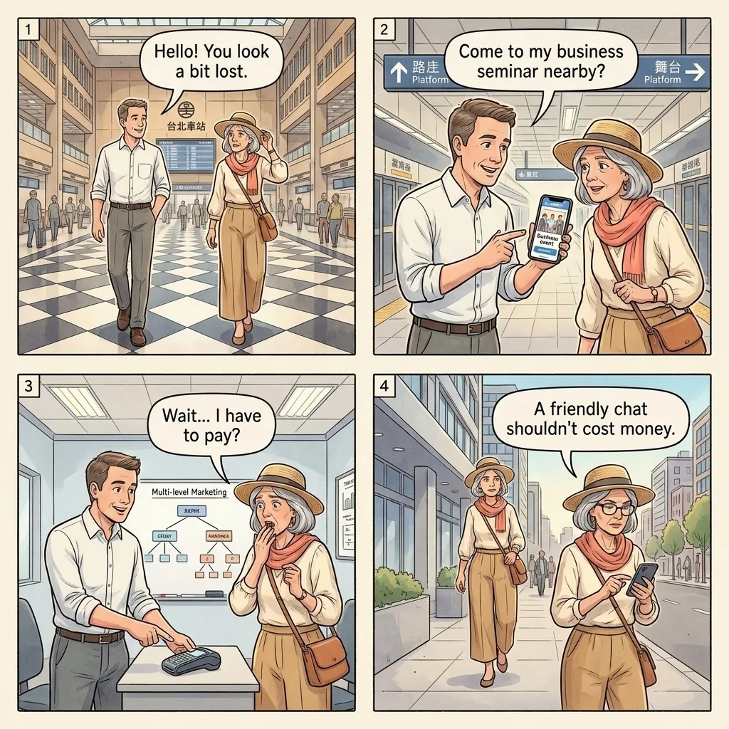 Taipei Main Station Friendly-Stranger MLM Approach — comic illustration