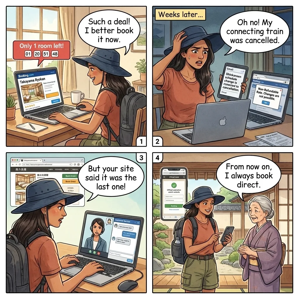 Booking.com Hida Ryokan Deposit Forfeit Trap — comic illustration