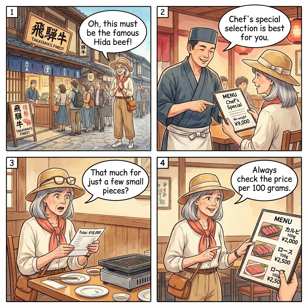 Hida-Beef Premium Cut Tourist Markup — comic illustration