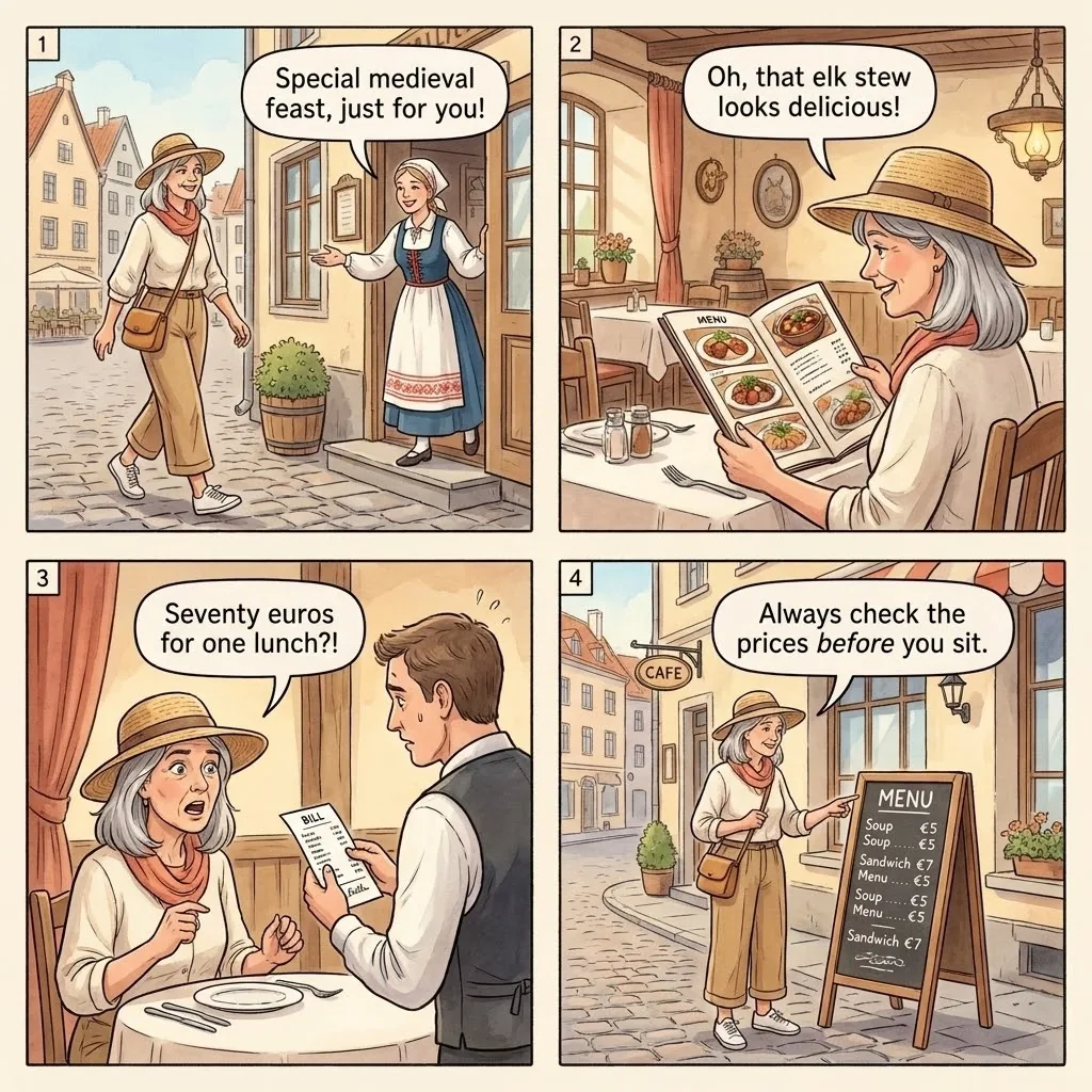 Fake Restaurant Menu / No-Price Menu Trap — comic illustration