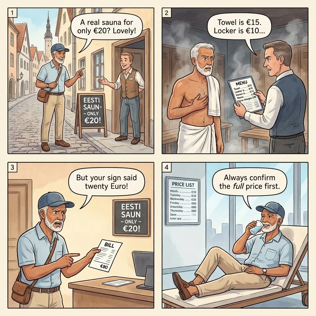 Spa & Sauna Price Escalation Scam — comic illustration