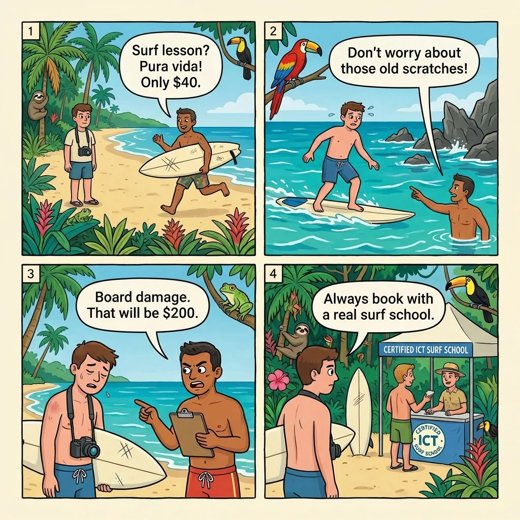 Beach 'Surf Instructor' $200 Board-Damage Ambush — comic illustration