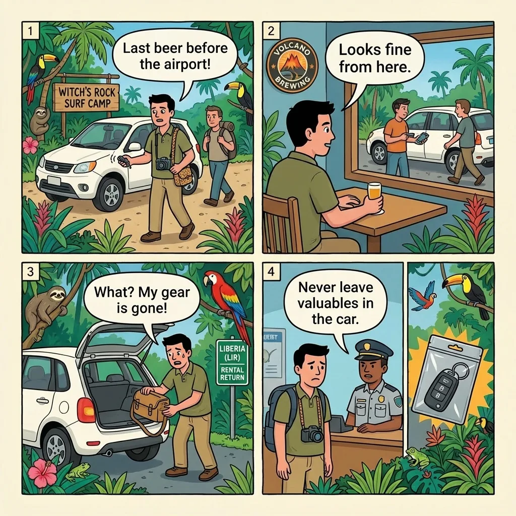Rental-Car Relay-Theft outside Witch's Rock / Volcano Brewing — comic illustration