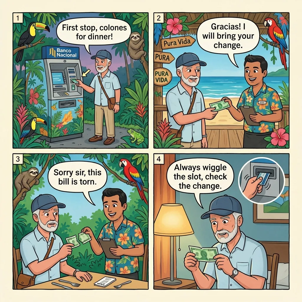 Tamarindo Banco Nacional ATM Skimming + Counterfeit Swap — comic illustration