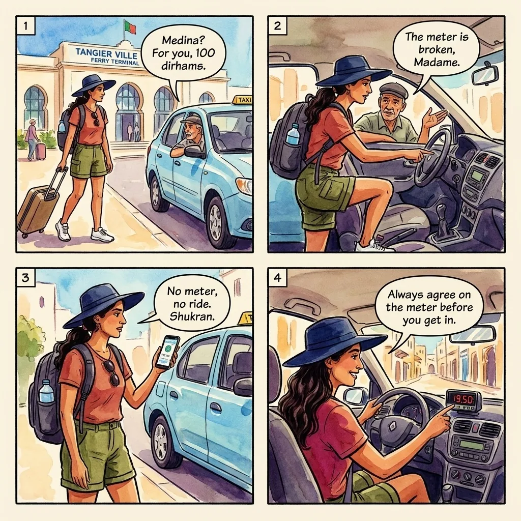 Taxi Meter Manipulation at the Ferry Port — comic illustration