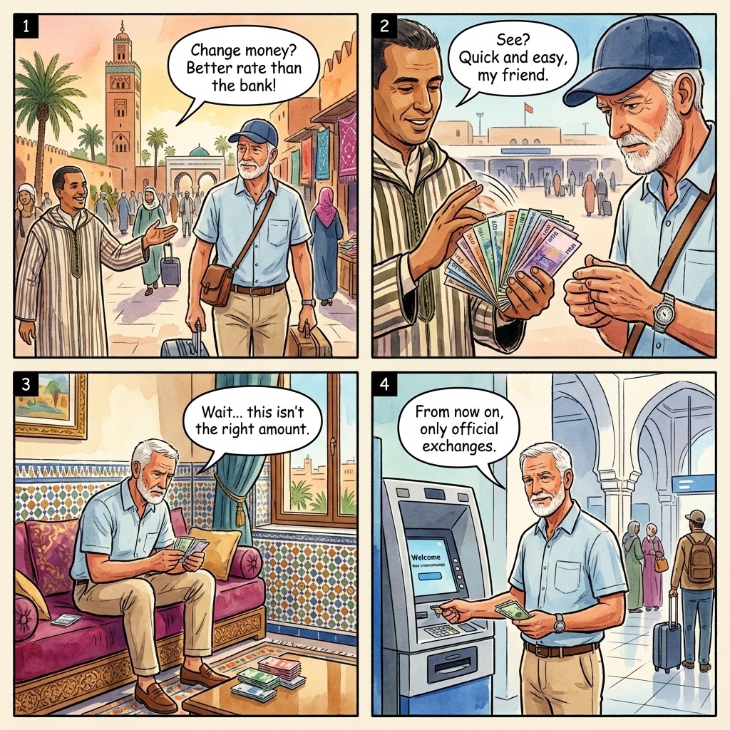 Tangier ferry exit street money changer counterfeit dirham scam comic: tourist hands euros to curbside operator, who fans 200-MAD bills with thumb-flick during the count