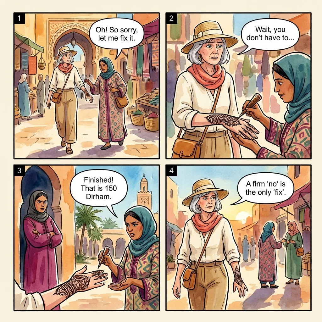 Forced Henna Tattoo Hustle — comic illustration