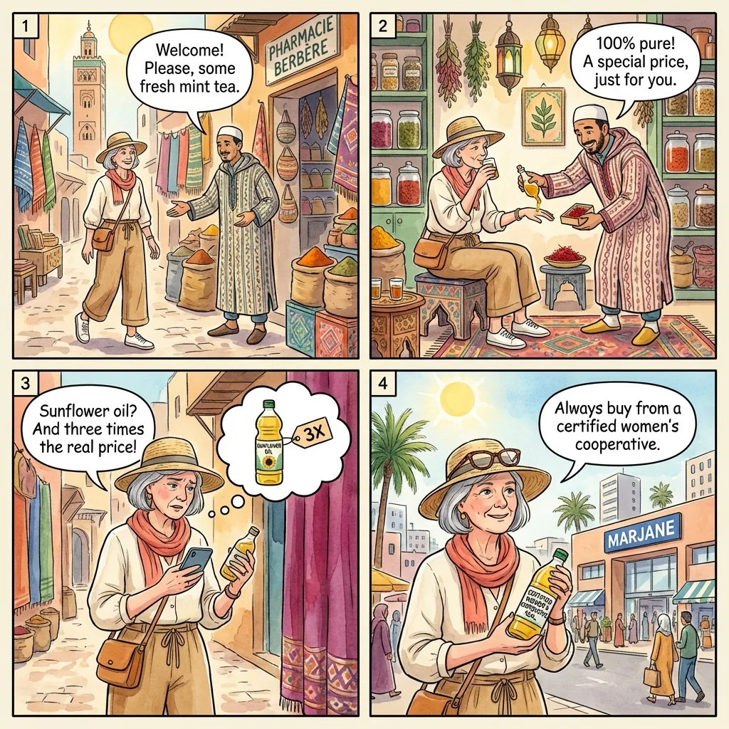 Fake Argan Oil and Spice Shop Swindle — comic illustration