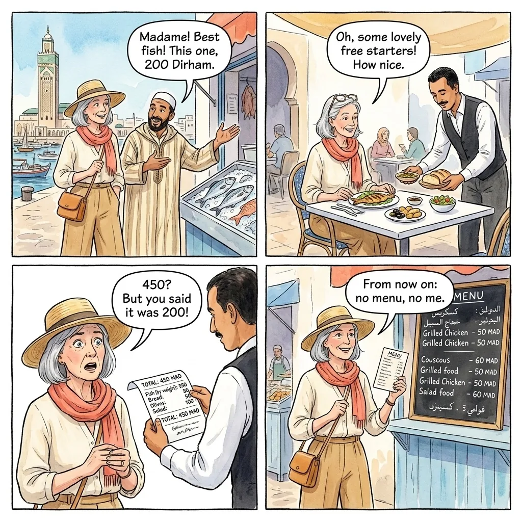 Restaurant No-Menu Price Trap — comic illustration