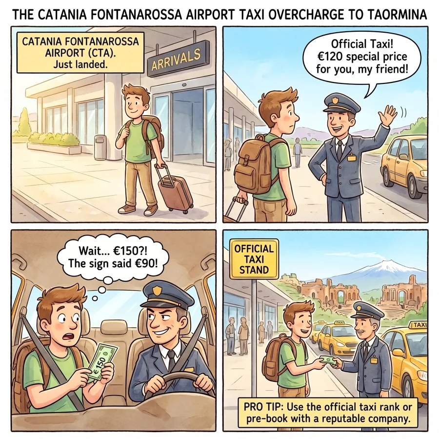 The Catania Fontanarossa Airport Taxi Overcharge to Taormina — comic illustration